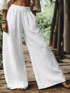 Women's Cotton Linen Wide Leg Pants, Casual Long Pants Trouser for All Seasons, Comfortable Breathable Fabric, Elastic Waist, Pocket Design
