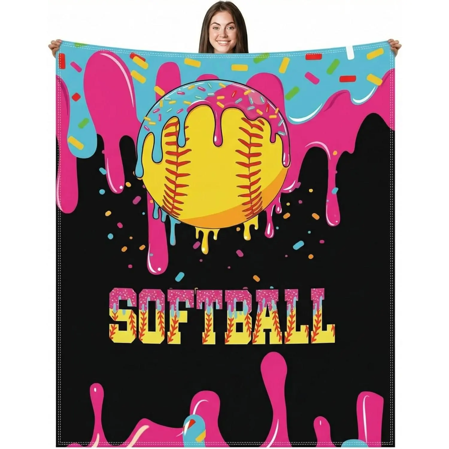Softball Ice Cream Drip Single-Sided Print Lightweight Soft Flannel Blanket - Fits Office Chair & Double Bed - for Bedroom, Camping, Gifting on Valentine's Day, Birthdays & Holidays