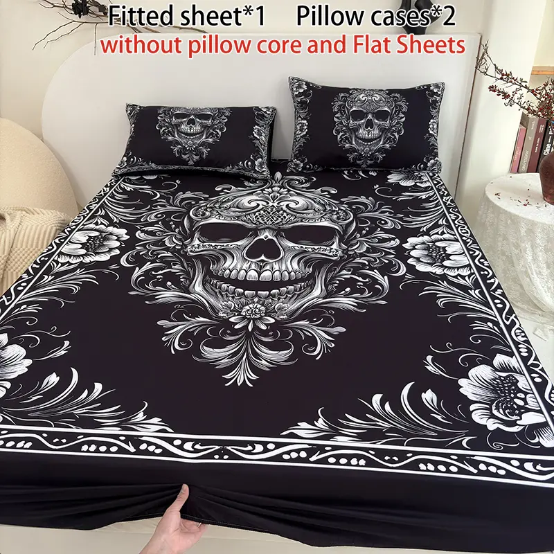 3PCS Dark Skull Gothic Style fitted Sheet Set (1 fitted  Sheet + 2 Pillowcases, No Pillows Included), Home Dorm High-Definition Digital Printing, Luxurious Artistic Feel of Dark Theme Bedding, Vintage Elegance sohochic