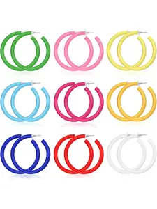 9 Pairs Colorful Big Hoop Earring 80s 90s Retro Earring For Women Acrylic Open Large Hoop Earrings C Shape Trendy Chunky Earrings Lightweight Statement Ear Jewellery Hoop Earring Sets 60 70 80mm