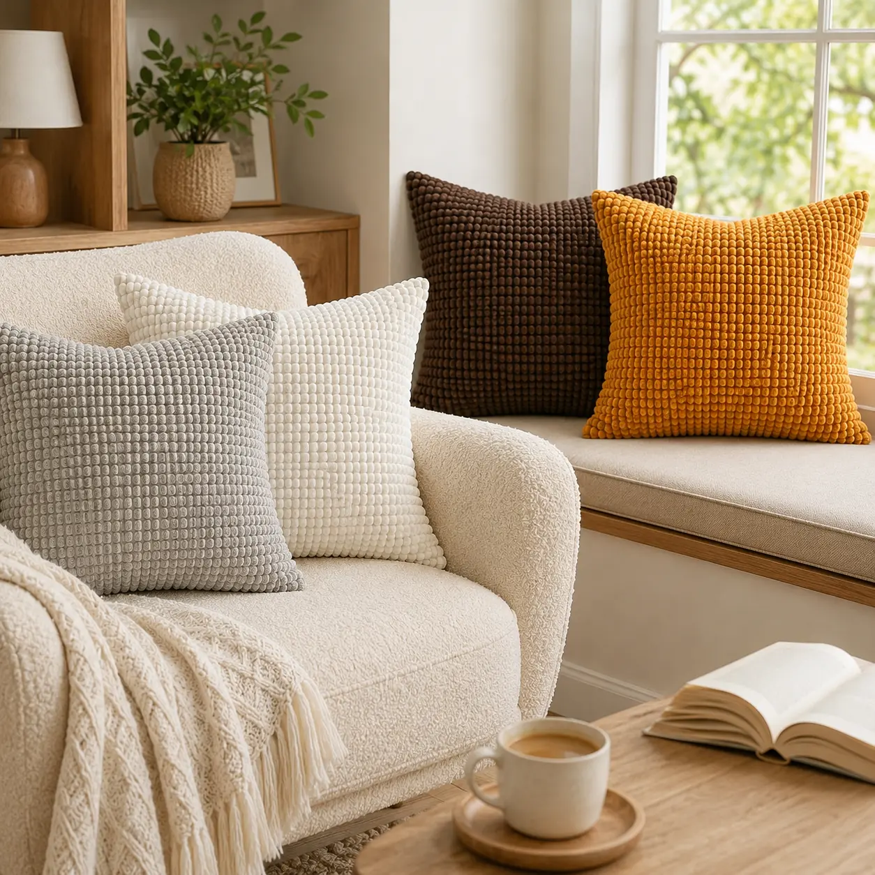 2-Pack 18×18 in Corduroy Throw Pillow Covers, Textured Corn Kernel Striped Decorative Cushion Cases with Invisible Zip, 2-Piece Set for Home Sofa, Cushion Covers for Couches and Sofas, Square Farmhouse Home Decor