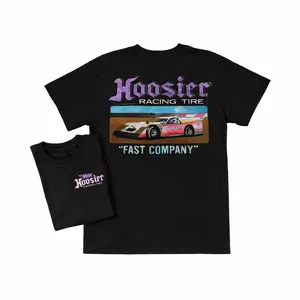 Hoosier Racing Tire T Shirt, Retro Dirt Track Car with Fast Company Slogan and Vintage Sunset Stripes, Racing 2 Sides Graphic Tee, Soft Cotton Blend Shirt, Gift for Motorsport Fans