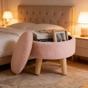 Ottoman Foot Rest, Small Round Ottoman with Storage, Boucle Teddy Velvet Footstool with Wood Legs, Soft Sponge Storage Ottoman for Living Room, Bedroom, Couch, Enterway