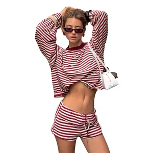Woman's Striped Pajama Set Soft Comfortable Breathable Long Sleeve Shorts Two-piece Outfit Casual Home Wear Lounge Wear Beach Vacation Relax Fit Elastic Waist Drawstring
