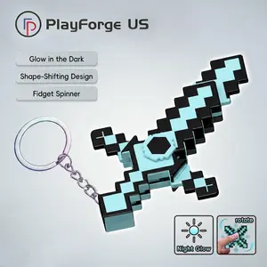 Stress Relief Fidgetting, Glow in the dark pixel sword keychain with shape-shifting design and fidget spinner action. Fun to carry, spin, and collect