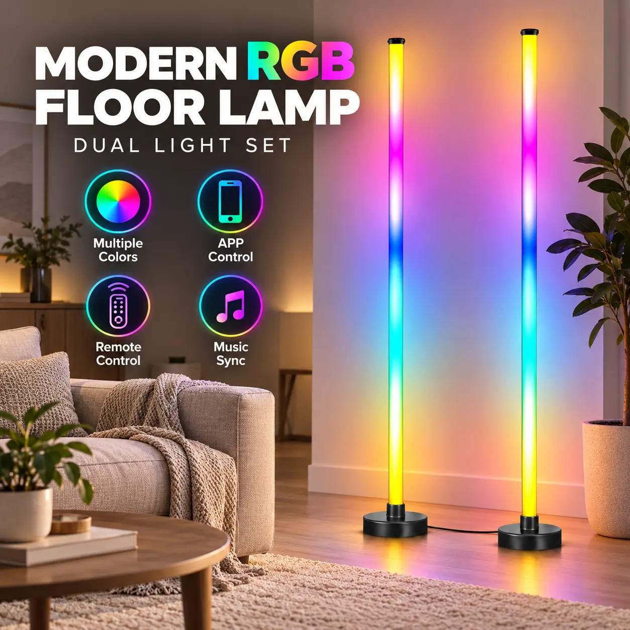 Dual RGB LED Floor Lamp Set, 2 Linked Light Bars with 16 Million Colors, Music Sync, App Control and Remote for Home Gaming Setup
