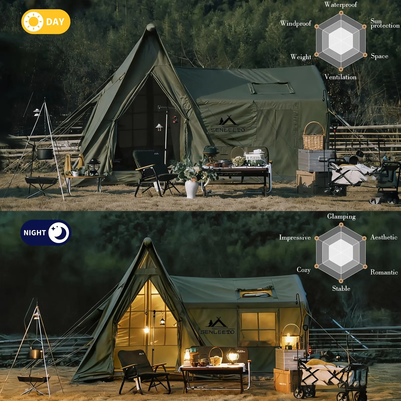 6-8 Person Large Inflatable Tents for Camping, 4 Season Blow Up Tents with Canopy/tent Fly, Luxury Inflatable Tent House with Stove Jack, Easy Setup Inflatable Camping Tent.