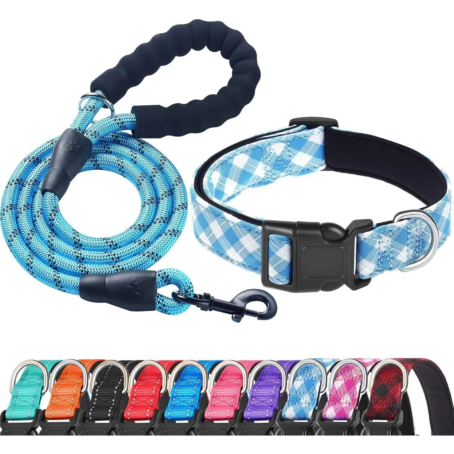 Vivid Blue Plaid Collar+Leash
