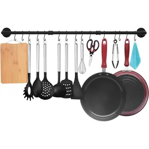 50 Inch Black Wall Mounted Detachable Pipe Pot Bar Rack, Pans Hanging Rail, Kitchen Lids Utensils Hanger Holders with 15 S Hooks