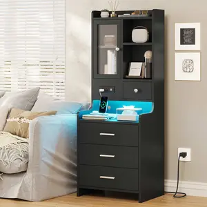 Sikaic LED Tall Nightstand with Glass Door Storage Black Bedside Cabinet Lighted Vanity Table