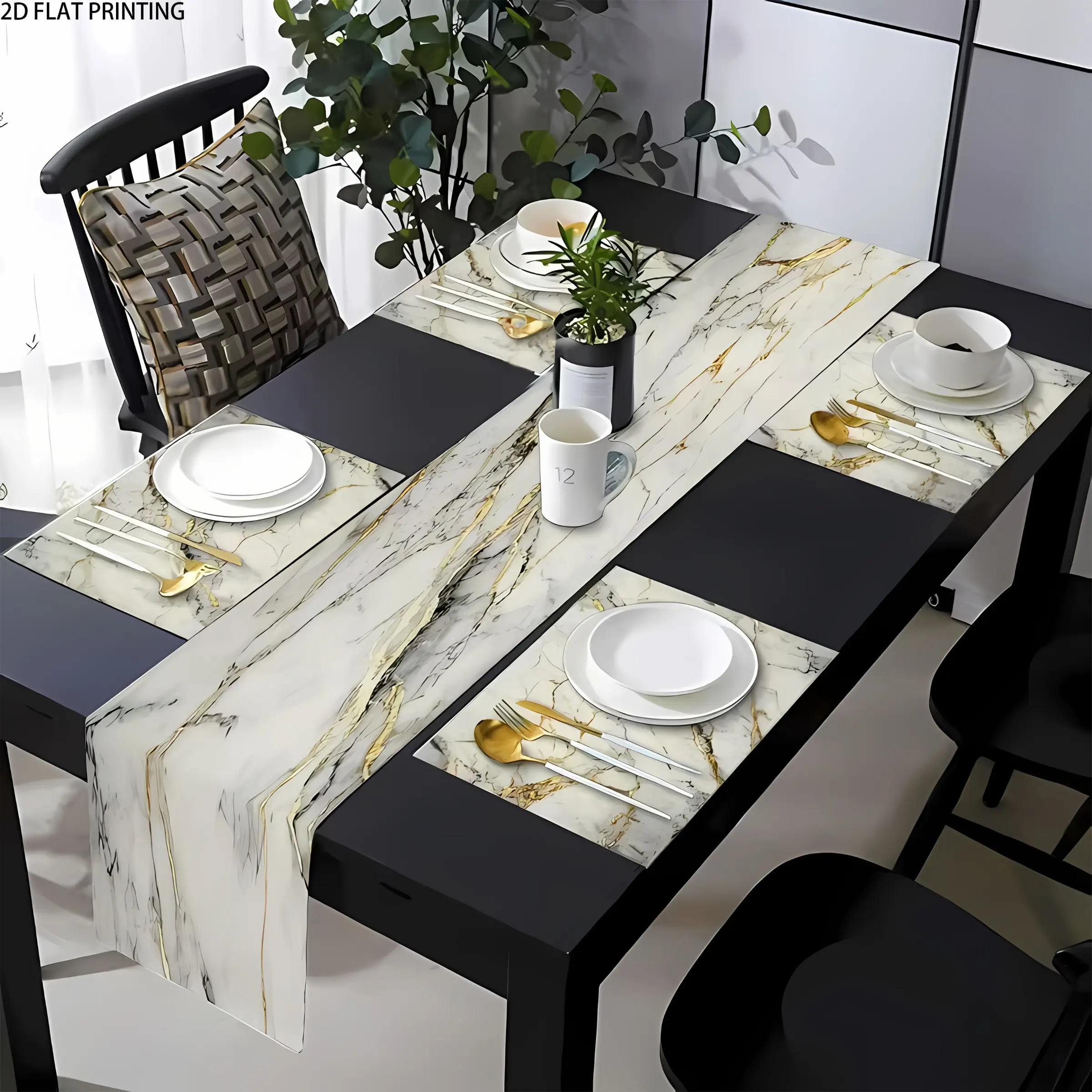 2D flat printing, 1/4/5/6/7 pieces set, dining table cloth mat set, Kitchen decorative Table Placemats, Household placemat, with platinum stone carved design, suitable for kitchens, dining tables, living rooms, wedding homes, indoors and outdoors