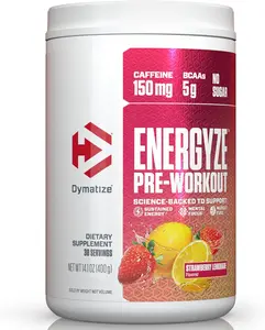 Dymatize Energyze Pre Workout Powder for Men and Women, Strawberry Lemonade, 150mg Caffeine, 5g BCAAs, Performance Blend of L-Theanine, L-Tyrosine, L-Citrulline, No Sugar (30 Servings)