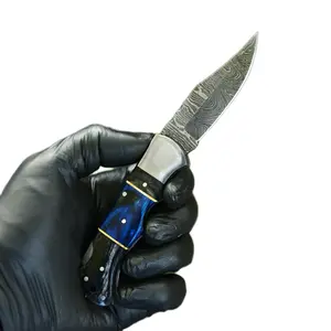 Handmade Damascus Folding Knife | 6.5" Pocket Knife | Blue Handle | Gift for Men Craftsmanship