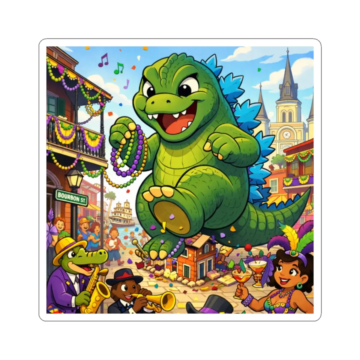Godzilla Mardi Gras Sticker | Kiss-Cut Festival Monster Sticker