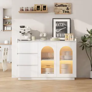 Coffee Bar Cabinet, 48 Inch Modern Buffet Sideboard Storage Cabinet, Kitchen Buffet Table with 3 Drawers, Glass Doors and 3 Color LED Lights, Multipurpose Furniture for Kitchen and Dining Room.