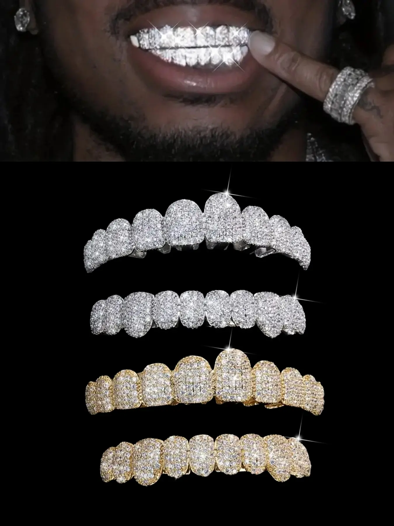 1PC/2PCS/SET 18K Silvery Plated Cubic Zircon Grillz Teeth 10 Teeth Top Bottom Grills Iced Out Mouth Punk Tooth Braces Cosplay Rapper Unisex Jewelry Tooth Gems Teeth Accessory