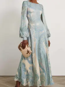 Elegant Vintage Dress, Light Luxury Spring Summer New Arrival, Base Blue Paisley Swirl Pattern Bubble Long Sleeve, Slimming A-Line Skirt
