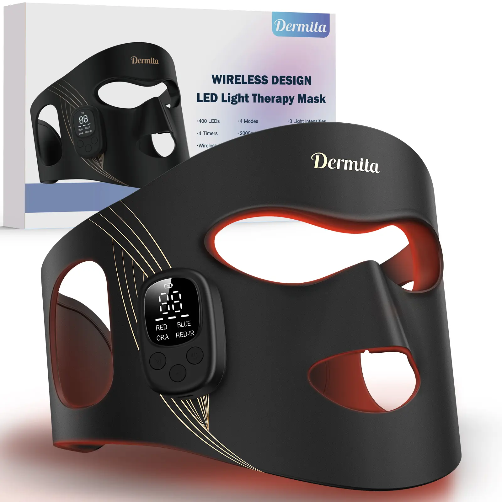 Binefia Wireless LED Face Mask Red Light Therapy Mask Rechargeable 2000mAh Battery Up To 15 Days Of Use Magnetic Controller 400 LEDs 4 Modes 3 Intensity Levels For Home Travel Daily Skincare