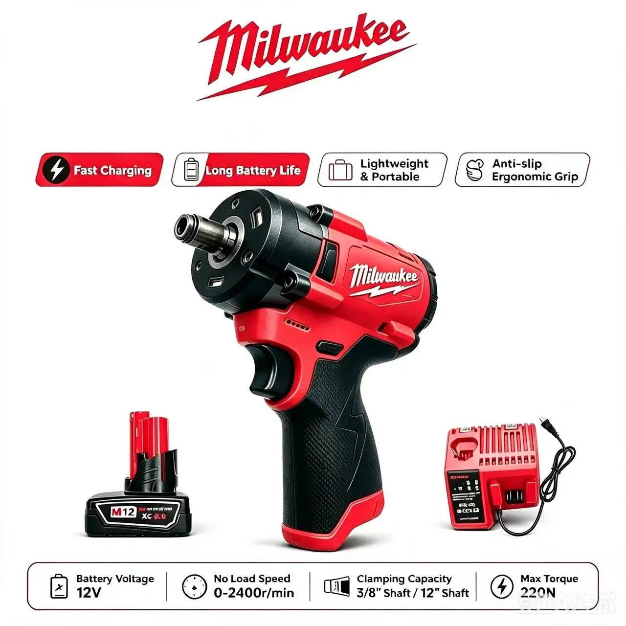 Milwaukee M12 1/2" Right Angle Impact Wrench Kit – 300Nm Nut-Busting Torque + 270Nm Fastening Torque with 2x 8.0Ah Batteries & Rapid Charger – The Ultimate Tight-Space Beast for Rusted Bolts & Stubborn Fasteners