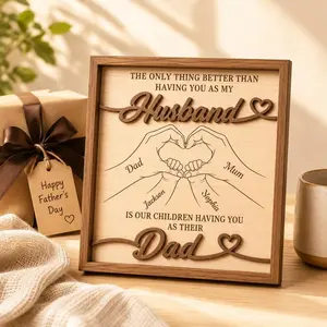 Personalized Family Hands Heart Wooden Sign, Custom Dad Mom Hands Heart Sign with Kids Names, Father’s Day Gift for Husband Dad