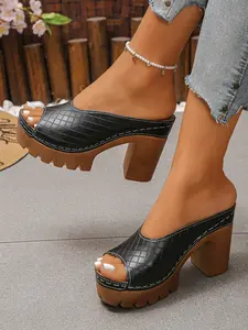 Women's Plaid Platform Mules - Retro Checkered Block Heels with Peep Toe, Chunky High Heel Slides for Parties & Daily Style, Summer, Rubber