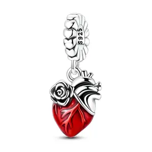 MULA Rose Heart Pendant - 925 Silver Plated Red Anatomical Heart with Black Rose Detail, Unique Love and Life Pendant Bead, Compatible with Pandora Bracelets, Great Gift for Women