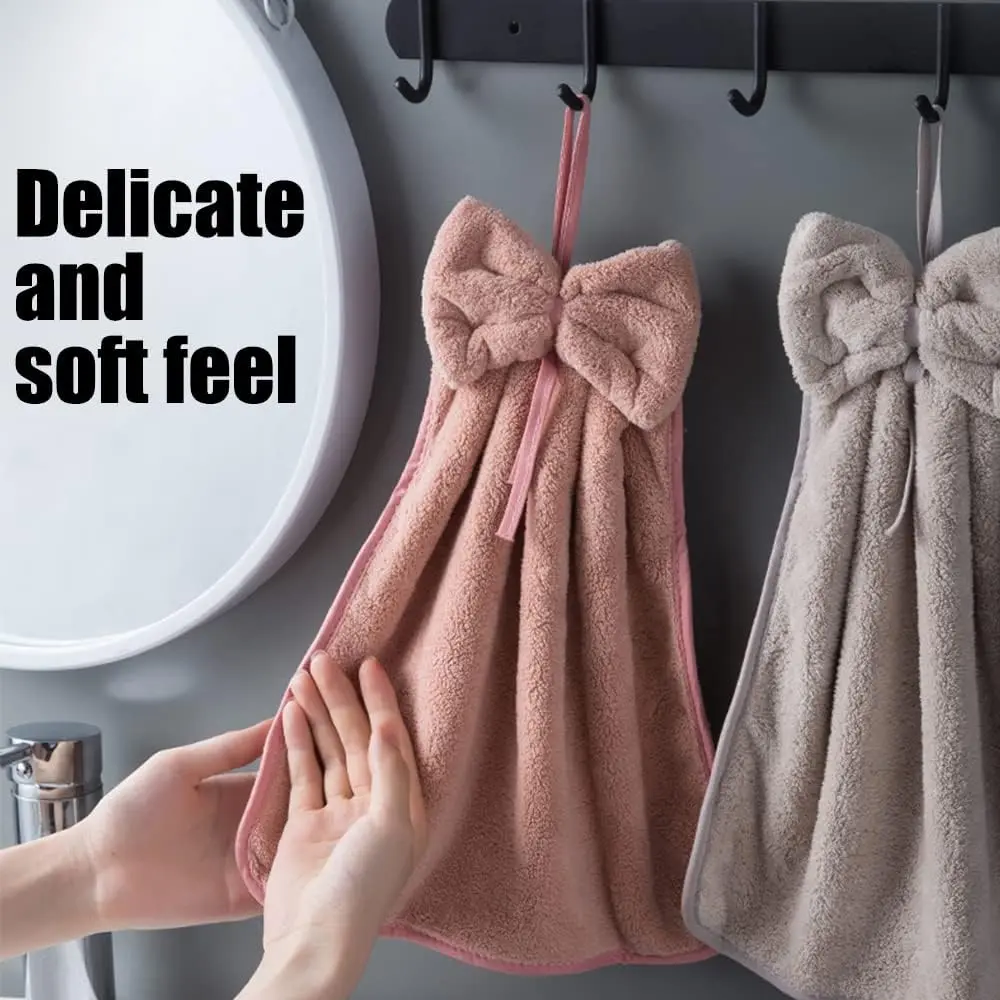 4Pcs Hangable Microfiber Coral Velvet Hand Towel Set, Bowknot Design, Water Absorbent, Super Soft, for Kitchen Bathroom Use (Adults & Kids)