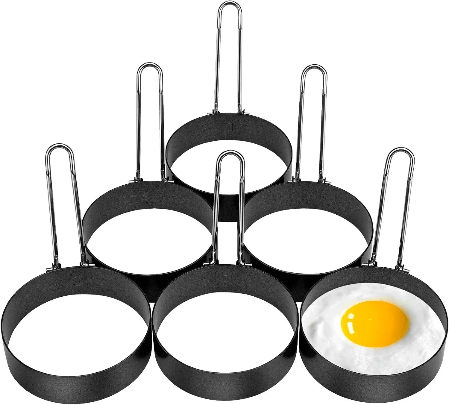 Pack of 6 Black Stainless Steel Round Egg Cooking Rings, Non-Stick Frying Egg Maker Molds Ideal For Making Egg Muffins, Mini Pancakes, Fried Eggs, Poached Eggs, Breakfast Sandwiches, Hamburgers, Biscuits, Bacon, Fruit, Potatoes And Crepes Etc
