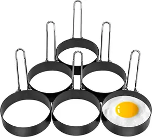 Pack of 6 Black Stainless Steel Round Egg Cooking Rings, Non-Stick Frying Egg Maker Molds Ideal For Making Egg Muffins, Mini Pancakes, Fried Eggs, Poached Eggs, Breakfast Sandwiches, Hamburgers, Biscuits, Bacon, Fruit, Potatoes And Crepes Etc