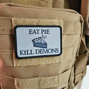 Eat pie kill demons funny meme 2"x3" removable morale patch with hook and loop backing
