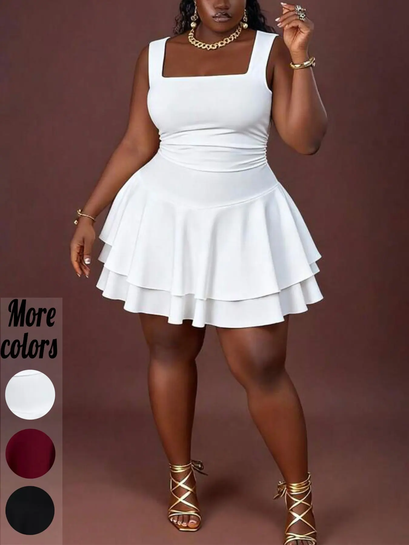 Plus Size Y2K Feminine Square Neck Sleeveless Tiered Ruffle Ruffled Mini Dress for Curvy Women, Perfect for Date Night, Brunch & Party