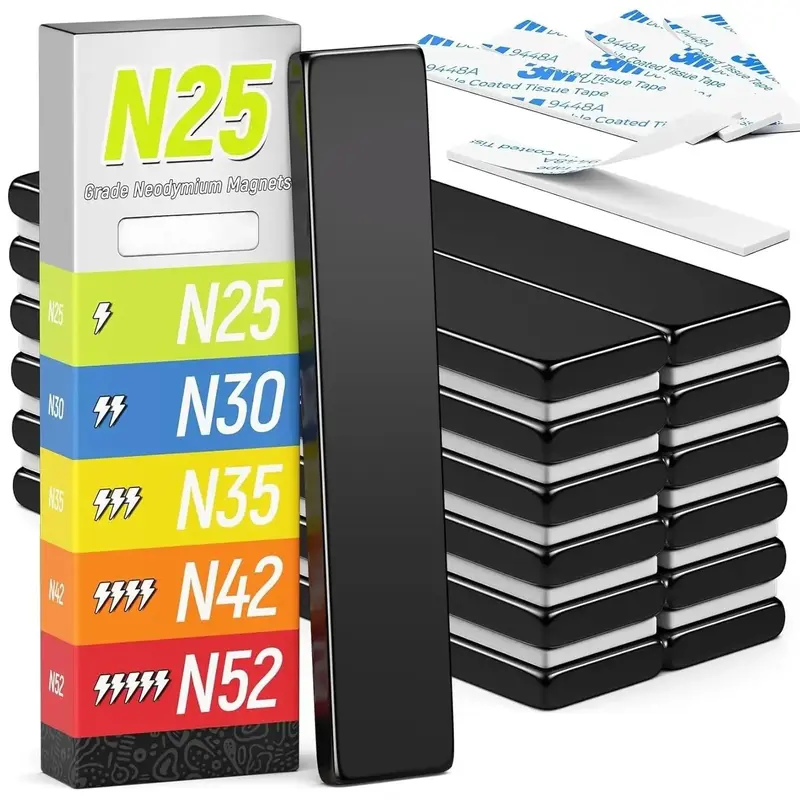12 Pack Powerful Neodymium Magnets, Strong Rare Earth Magnet Heavy Duty, Bar Magnets with Double-Sided Adhesive for Fridge, Office, Kitchen, Fishing, DIY - 60x10x3mm (N25)Quesear