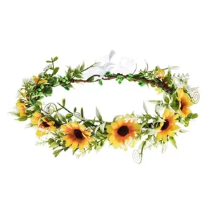 Green Leaf Floral Crown Eucalyptus Flower Women Girls Headband Flower Headpiece Bridal Halo Photo Prop Sunflower Yellow