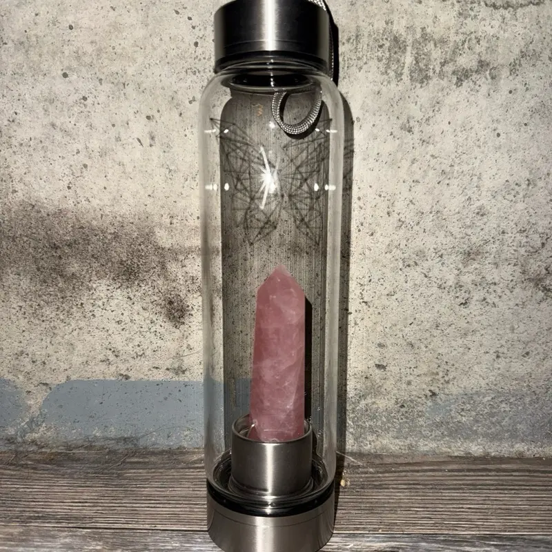 Rose Quartz Tower Water Bottle - Clear Glass with Pink Quartz Crystal Inside - Ideal for Hydration and Energy Boosting