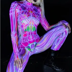 Women's Neon Glow-in-the-Dark Full Body Jumpsuit - Fantasy Pink & Multicolor Neon Print Party Costume with Zipper Closure, Polyester Fiber, Hand Wash Only - Glow Party Outfit for Halloween, Carnival, Rave & Themed Events - No Charging Neede