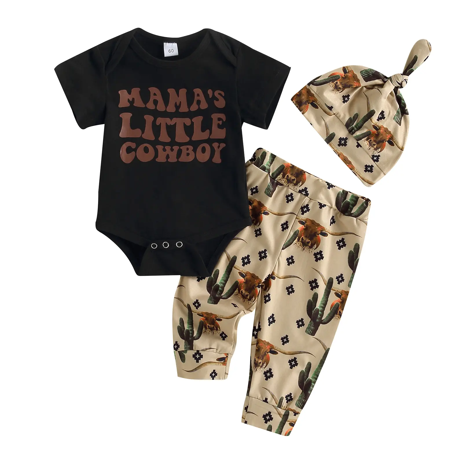 Canrulo Western Newborn Baby Boys Summer Outfits Cow Print Letter Romper Bodysuit+Long Pants+Hat 3Pcs Infant Clothes