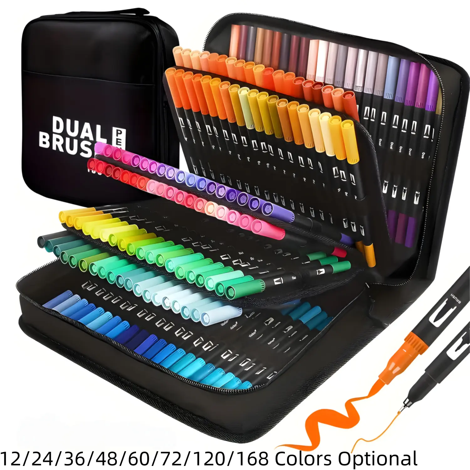 Dual Brush Markers Pens, Artist Coloring Marker Set, double tip marker, Double Tipped Markers, Fineliner & Brush Tip Pen with Premium Case for Adults Coloring Books Journal, Drawing, Doodlin,Art Supplies,12/24/36/48/60/72/120/168 Colors