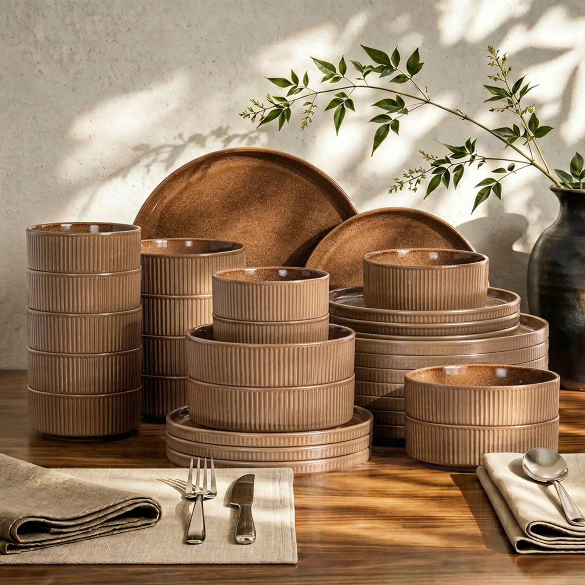 Kitchen Academy Ceramic Dinnerware Sets for 8/4, 32/12 Pcs Stoneware Plates and Bowls Sets, Scratch Resistant Brown Dish, Oven & Microwave & Dishwasher Safe