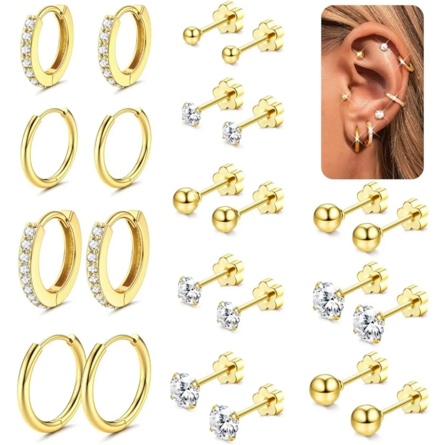 Milacolato 12-Pair Women's Surgical Steel Earrings Set - Hypoallergenic Hoop Studs, Tiny CZ Flat Back, Helix/Cartilage Piercing, Polished Finish, Waterproof Plated, Gold/Silver for Everyday Wear