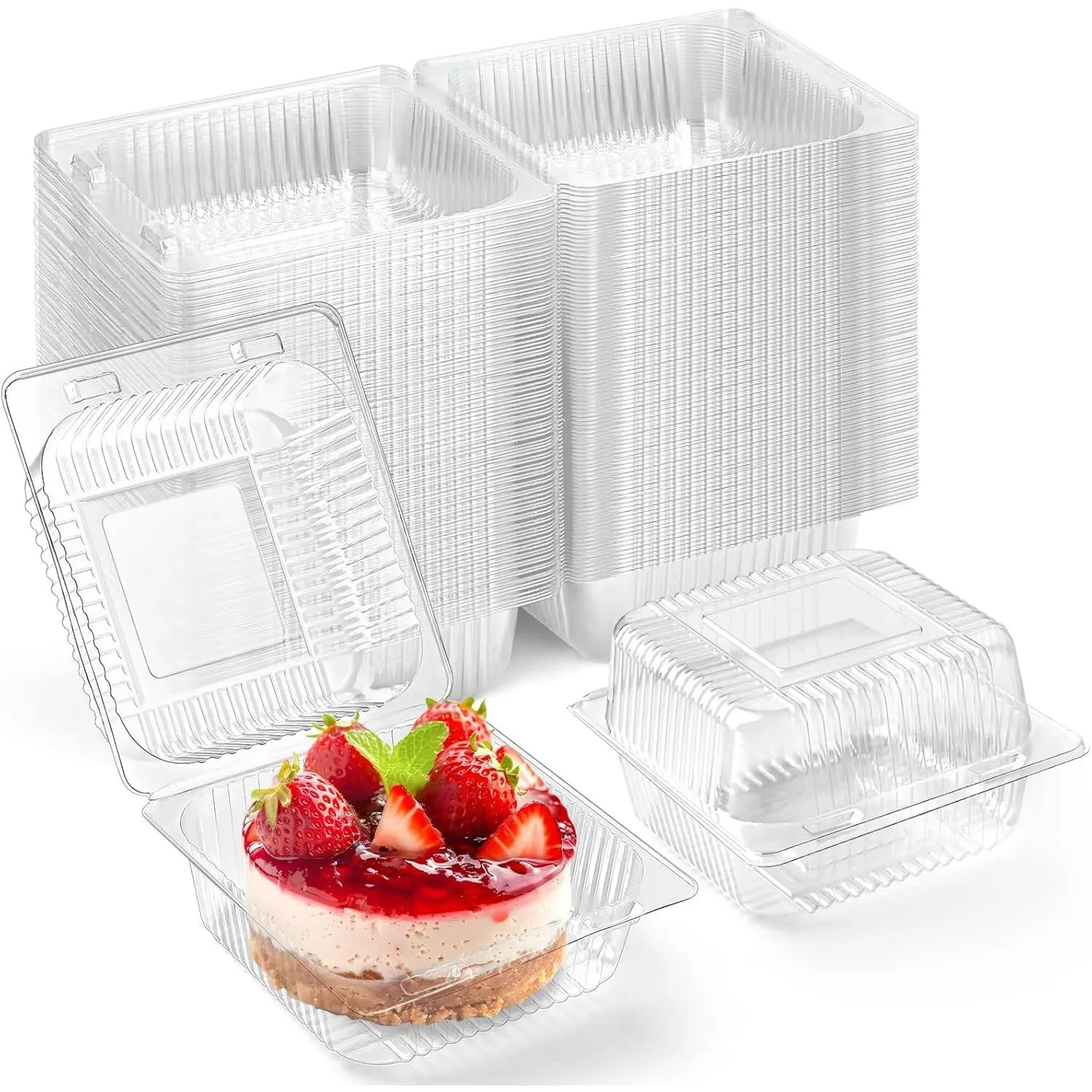 100 Pack Clear Plastic Clamshell  Containers, Square Cake Slice Containers with Hinged Lids, Disposable To Go Boxes for Cookies, Desserts, Fruits, Salads, Sandwiches