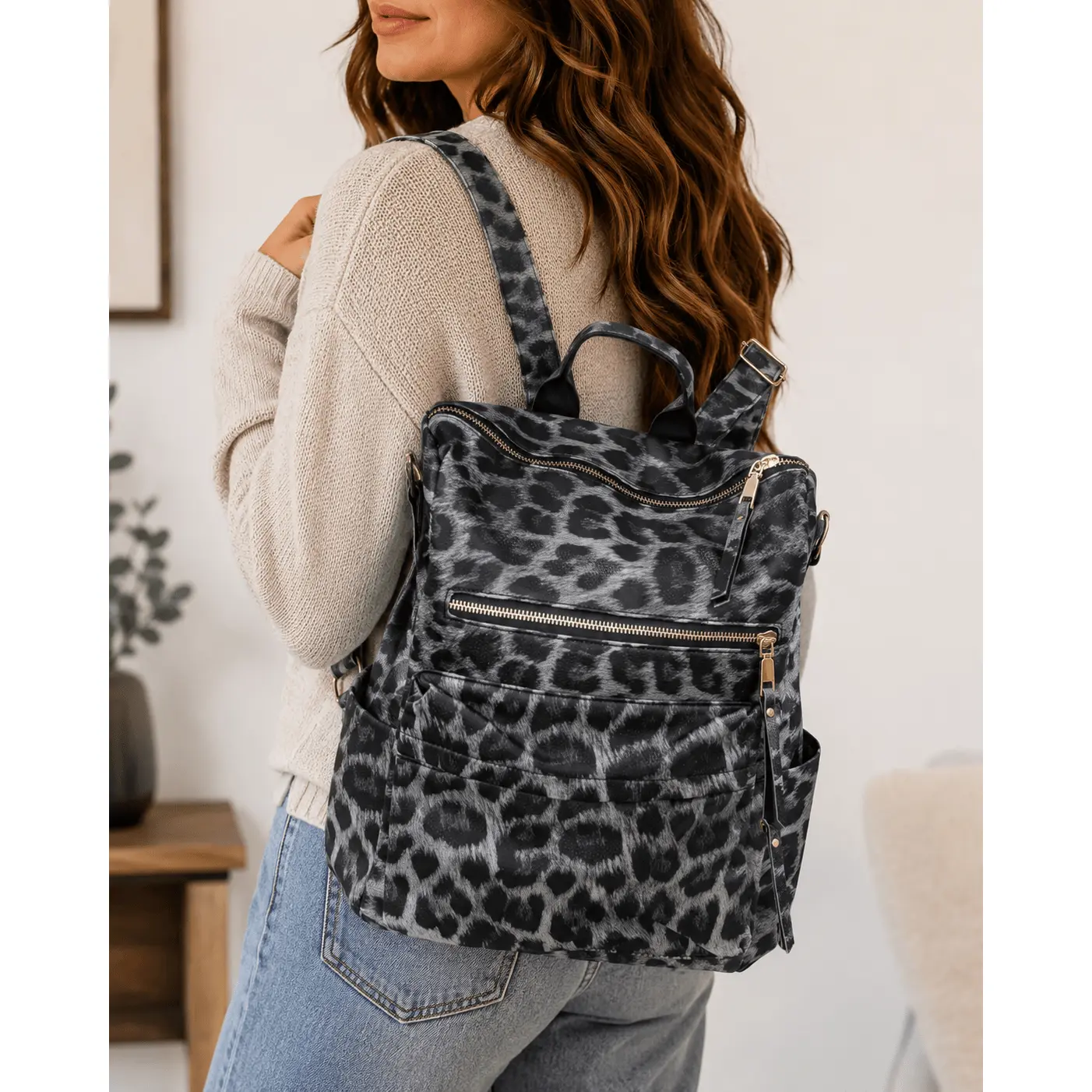 Cheetah Black Leather Backpack