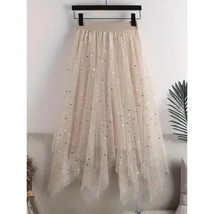 2023 New Women'S Sequin Mesh Midi Skirt, High-Waisted, Flattering A-Line Design with an Irregular Hem in Korean Style