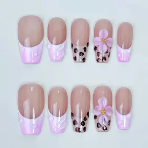 JC Handmade Press On Nails - Autumn-Winter French-Style 3D Engraved Leopard Print, Mid-Length, Easy-to-Apply, Nail-Protecting Design for Elegant Look