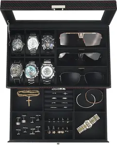 Watch Jewelry Box Organizer, 6-Slot 2-Layer Watch Case and Sunglasses Storage with Large Glass Lid, Men's Jewelry Box with Lock, Watch Holder Display Case, Gift for Men Women