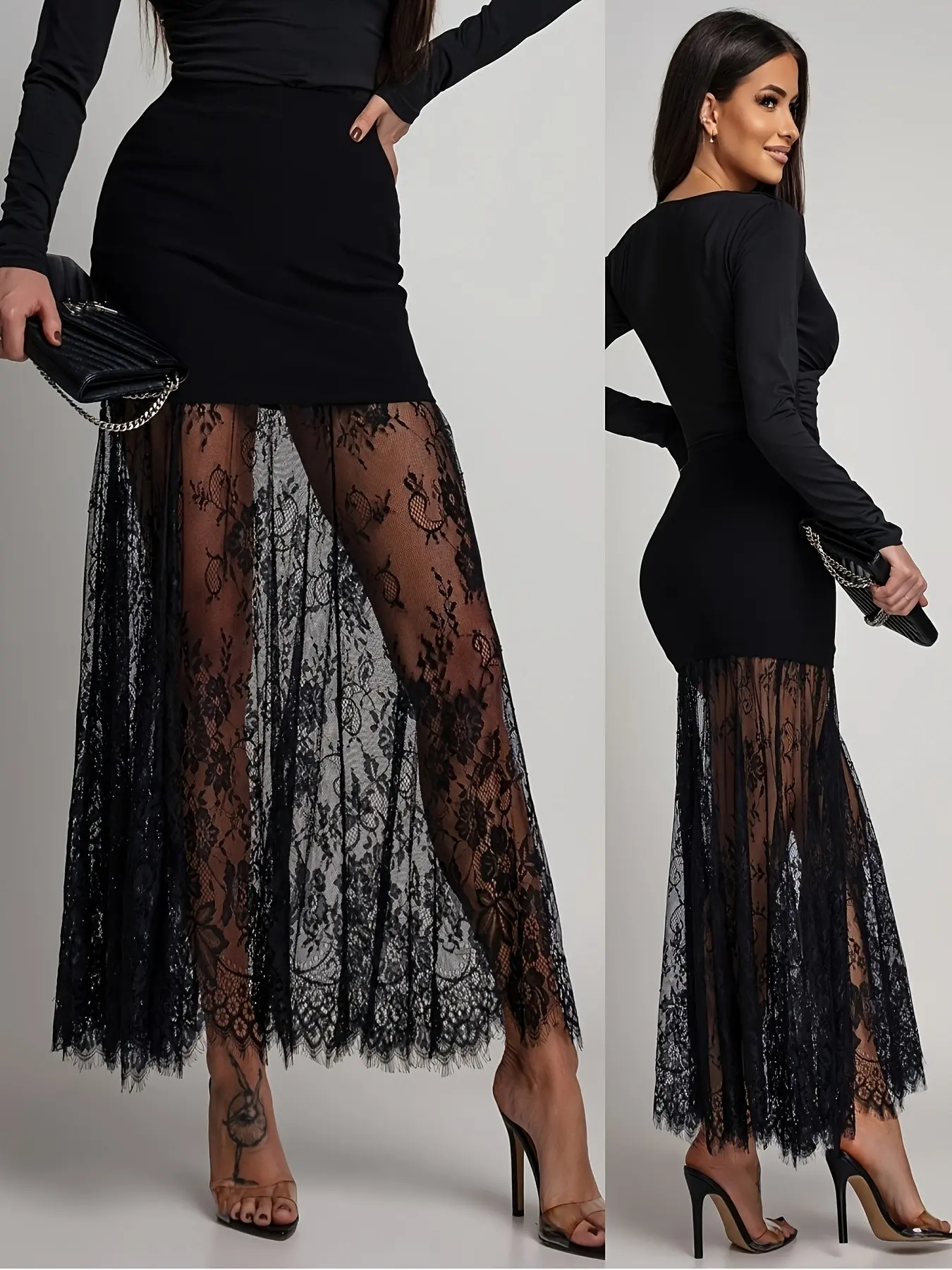 Elegant Aesthetic Chic Women's High-Waisted Fitted Bodycon Bottom Skirt, Lace Trim with Pointed Edges, Patchwork, Flowy Fringe Design, Perfect for Parties and Events, Womenswear