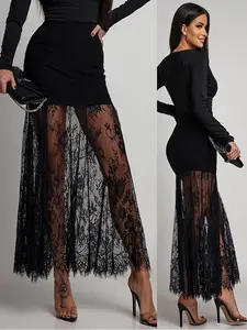 Elegant Women's High-Waisted Bodycon Skirt, Lace Trim with Pointed Edges, Flowy Fringe Design, Perfect for Parties and Events