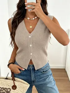 Knitted Elastic Sleeveless V-Neck Button Vest, Solid Color Casual Top, Soft Comfortable Fabric, Perfect for Daily Wear or Holidays