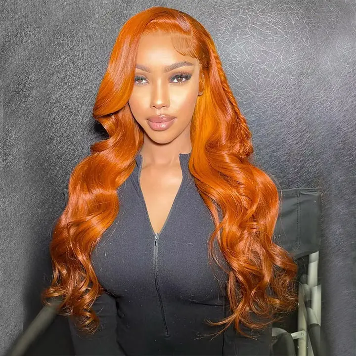 Hot Star 350# Color 13x6 Body Wave HD Transparent Lace Front Wigs Ginger Orange Human Hair Pre Plucked 180% Density with Baby Hair Brazilian Straight Human Hair Wig for Women