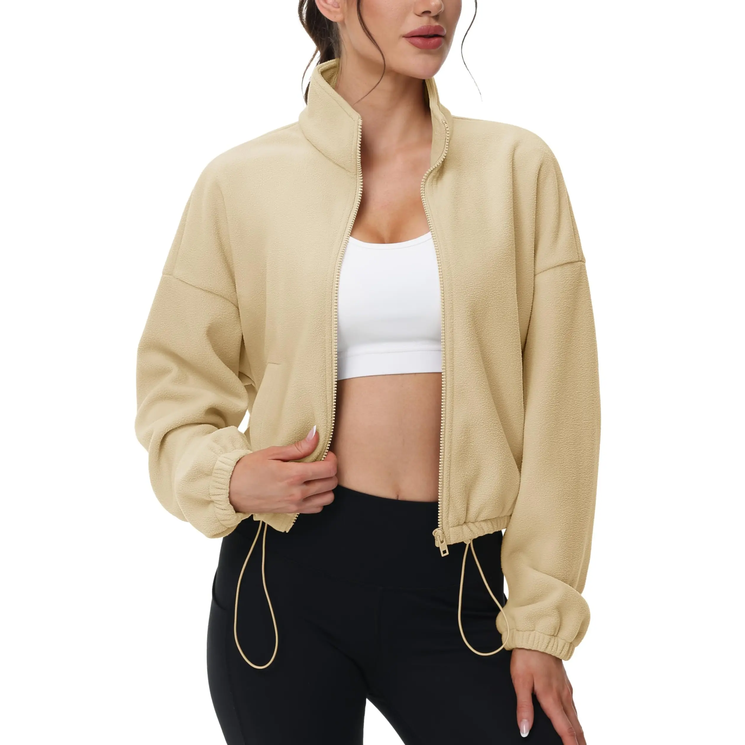 MAGCOMSEN Women's Full Zip Fleece Jacket Cropped Warm Winter Coats with Pockets Stand Collar Workout Top Drawstring Hem Fathersdaygift