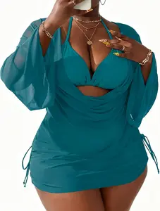 Women's Plus Size Halter String Triangle Bikini Sets 3 Piece Swimsuits with Side Ruched Drawstring Cover Up